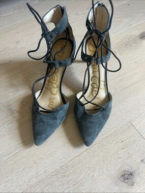 Sam Edelman Lace-Up Suede Pointed-Toe Heels in Charcoal